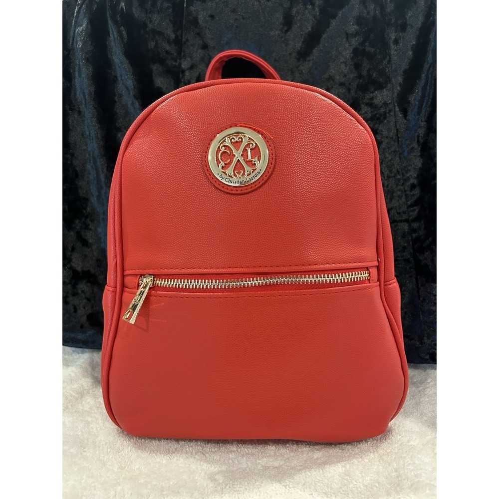 Christian LaCroix‎ Small Red Backpack Black Straps Faux Leather Gold Logo $98